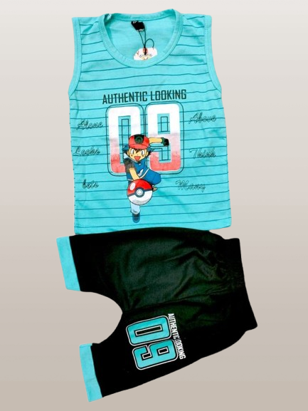 Kids Blue and Black Printed Cotton Sleeveless Shirt with Shorts