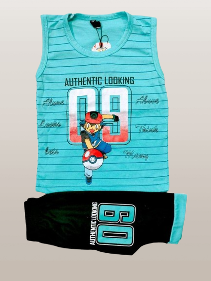 Kids Blue and Black Printed Cotton Sleeveless Shirt with Shorts