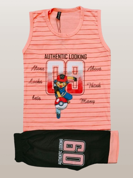 Kids Pink and Black Printed Cotton Sleeveless Shirt with Shorts