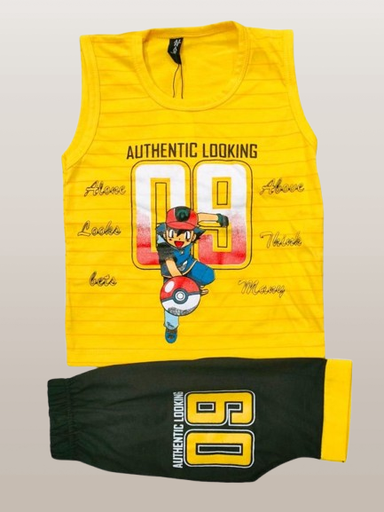 Kids Yellow and Black Printed Cotton Sleeveless Shirt with Shorts