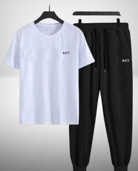 White Black Printed Tracksuit - Polyester