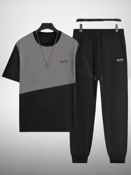 Black Gray Printed Tracksuit - Polyester